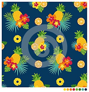 Summer seamless pattern with hibiscus and fruits
