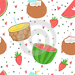 Summer seamless pattern with ice cream, fruits, dots, strawberries, hearts.