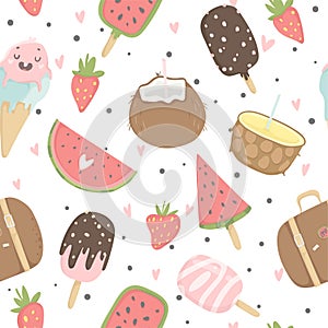 Summer seamless pattern with ice cream, fruits, dots, strawberries, hearts.