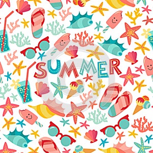 Summer seamless pattern with ice-cream, suglases, cocktail, starfish, coral, flip flop sandals.