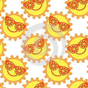 Summer seamless pattern for kids, cute sun in glasses made of oranges. Doodle illustration for print, kids bedroom decor