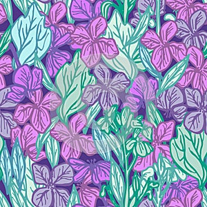 Summer seamless pattern, leaves and flowers, sketch, lilac purple blue green outline on dark background. Vector