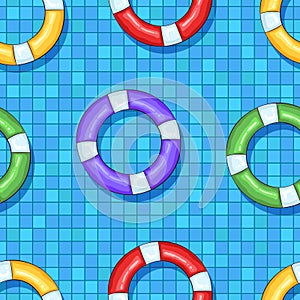 Summer seamless pattern with lifebuoys and swimming pool