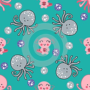 Summer seamless pattern with octopus and axolotls in the sea. Perfect for T-shirt, textile and print. Hand drawn