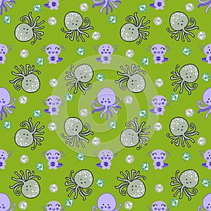 Summer seamless pattern with octopus and axolotls in the sea. Perfect for T-shirt, textile and print. Hand drawn illustration