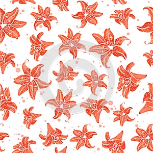 Summer seamless pattern with orange lilies. Flat floral illustration with repetitive motifs. Repeating background with flowers