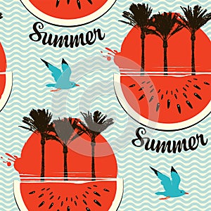 Summer seamless pattern with palms and watermelons