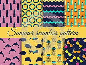 Summer seamless pattern. Pattern with a lighthouse, marine fauna. Set of seamless patterns