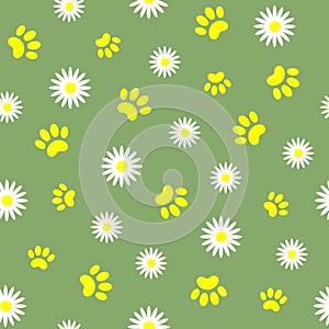 Summer seamless pattern with pet paw prints.