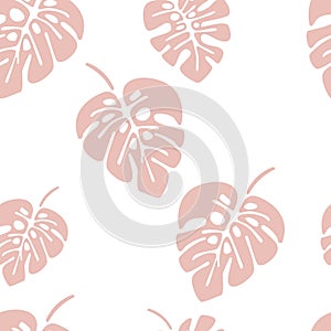 Summer seamless pattern with pink monstera palm leaves on white background