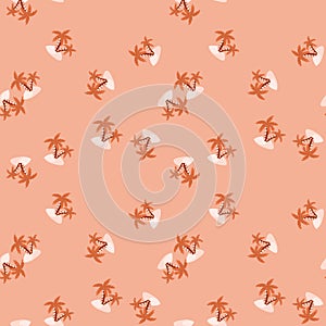 Summer seamless pattern with random little island and palm tree ornament. Pink background