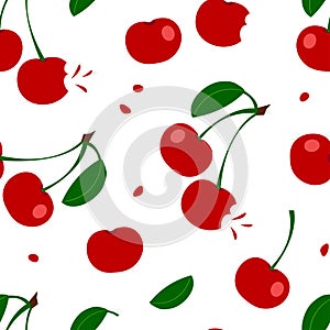 Summer seamless pattern with red cherry and leaves. Vector illustration