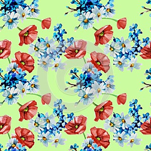 Summer seamless pattern with red poppies and white daisies on a light yellow background