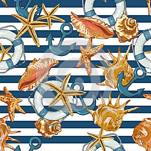 Summer Seamless Pattern with Sea Shells, Anchor