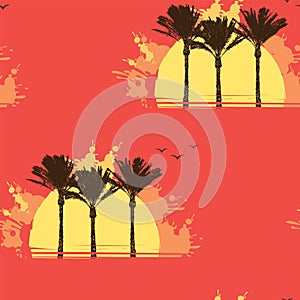 Summer seamless pattern with sun, palms and gulls