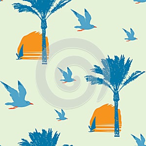 Summer seamless pattern with sun palms and surfers