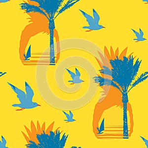 Summer seamless pattern with sun palms and surfers