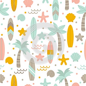 Summer seamless pattern with surfboards, palm trees and shells. Cute sea background. Perfect for fabric, textile and wrapping