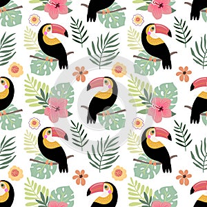 Summer seamless pattern with toucans and hibiscus, tropical design