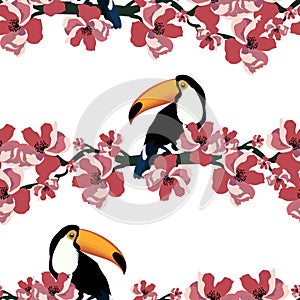 Colorful tropical seamless pattern with funny toucans and flowers.Summer vector background.Graphic textile texture photo