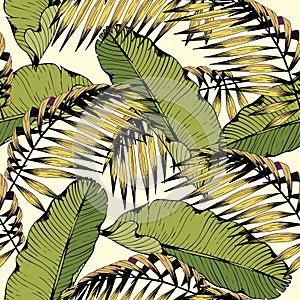 Summer seamless pattern with tropical leaves and branches. Vector decorative background for design