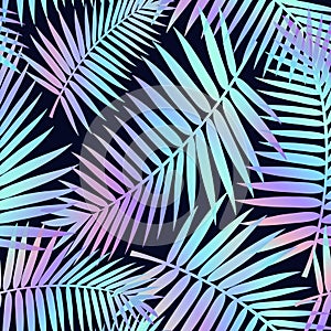 Summer seamless pattern with tropical leaves and holographic effect. Colorful summer print for textile, cards, posters etc. Vector