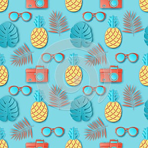 Summer seamless pattern with tropical palm leaves, photo camera