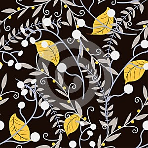 Summer seamless pattern with tropical plants and leaves on black background. Vector design. Jungle print. Printing and textiles.