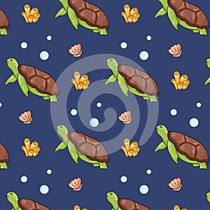 Summer seamless pattern with undersea animal turtle. Cartoon style. Seashell, coral, seaweed, bubbles. Vector