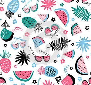 Summer seamless pattern. Vector tropical background with exotic fruit and leaves.