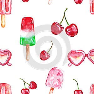 Summer seamless pattern with watercolor berries and ice cream on a stick. Cherries and popsicles, fruits and dessert print