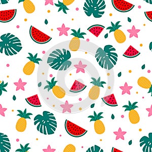 Summer seamless pattern with watermelons, pineapples and palm leaves. Seasonal vector background. Easy to edit template with for