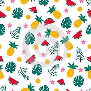 Summer seamless pattern with watermelons, pineapples and palm leaves. Seasonal vector background. Easy to edit template with for