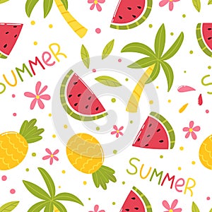 Summer seamless pattern. Watermelons, pineapples, palm trees and flowers.