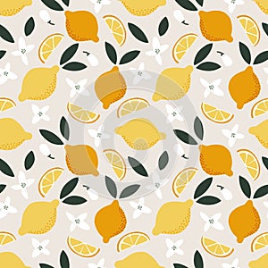 Summer seamless pattern. Whole and cut juicy lemons, leaves and blossoms. Mediterranean textile, fabric or scrapbooking