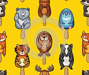 Summer seamless popsicle pattern with cartoon animals on a stick