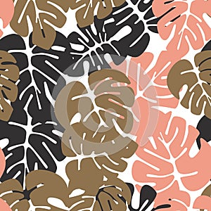 Summer seamless tropical pattern with colorful monstera palm leaves