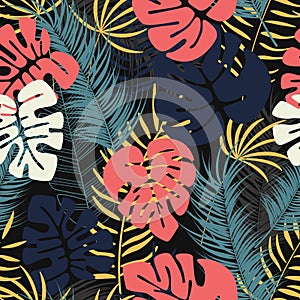 Summer seamless tropical pattern with colorful monstera palm leaves