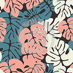 Summer seamless tropical pattern with colorful monstera palm leaves