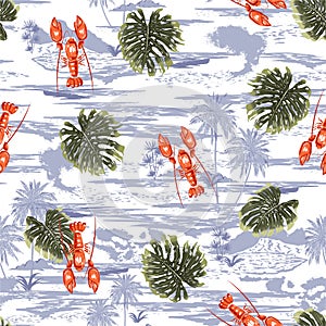 Summer seamless vector pattern background with lobster, tropical leaves on the monotone blue ocean. Perfect for wallpapers,