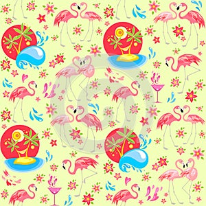 Summer seamless wallpaper with pink flamingo birds, Plumeria flowers, hearts, ocean waves, palm trees with hammock, wineglass with