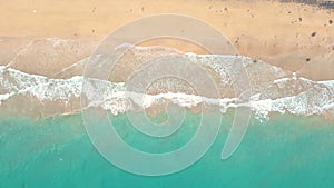 Summer seascape beautiful waves, blue sea water in sunny day. Esquinzo beach, Spain, Canary Island Top view from drone. Sea aerial