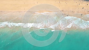 Summer seascape beautiful waves, blue sea water in sunny day. Esquinzo beach, Spain, Canary Island Top view from drone. Sea aerial