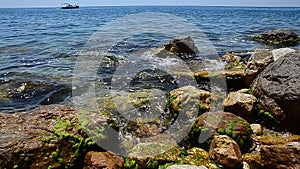 Summer seascape. Rocky beach of azure water of ocean or sea. In the background a pleasure boat sails. Greece