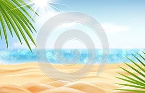 Summer seascape, sunny sandy beach with sky and clouds, bright sun illuminates the sand and sea water.