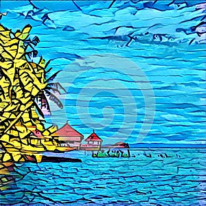 Summer by the seaside in blue and yellow. Exotic panorama in graffiti style for background.
