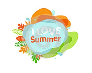 Summer season banner on blue bubble with bright leaves illustration