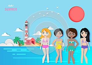 Summer season cartoon character woman, different female faces isolated in paper art style Cute lady character creation set vector