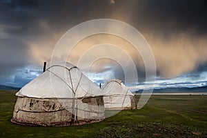 During the summer season Kyrgyz nomads put their yurts at Song