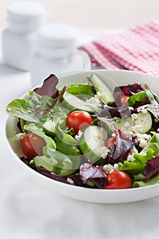 Summer season salad with salad leaves, tomatoes, cucumbers, Italian herbs and cheese